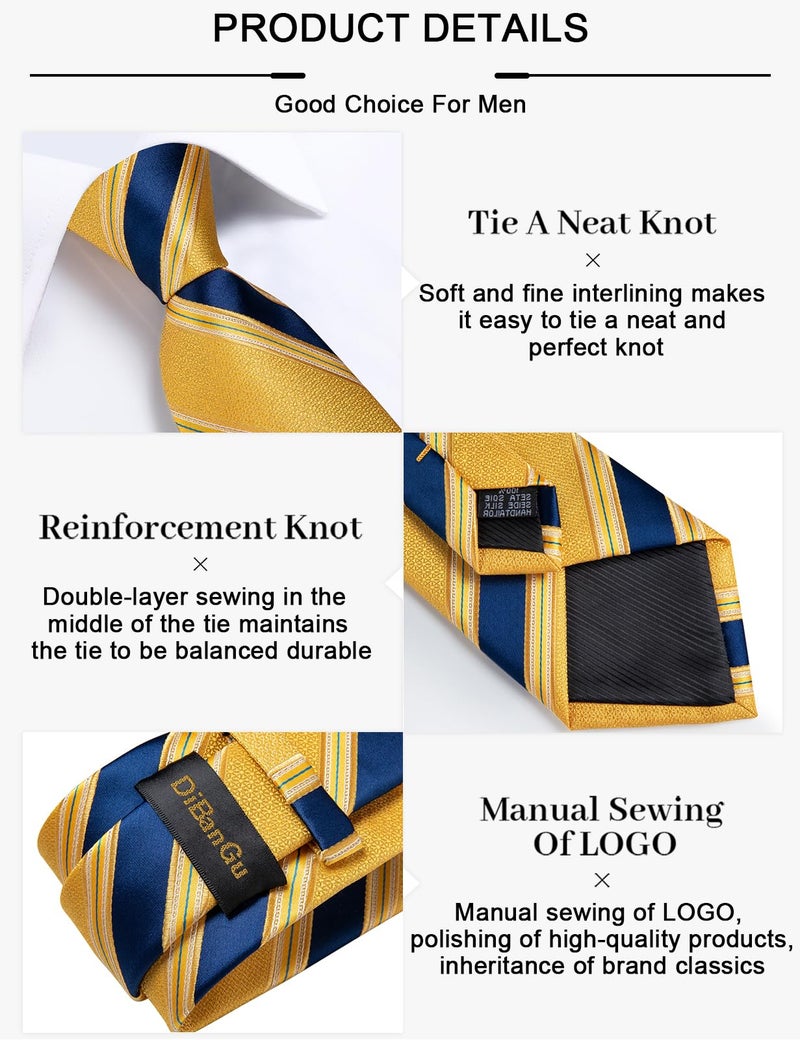 DiBanGu Mens Striped Tie Silk Woven Necktie and Pocket Square Cufflinks Tie Clip Set Wedding Business Formal, Yellow and Blue - Image 5